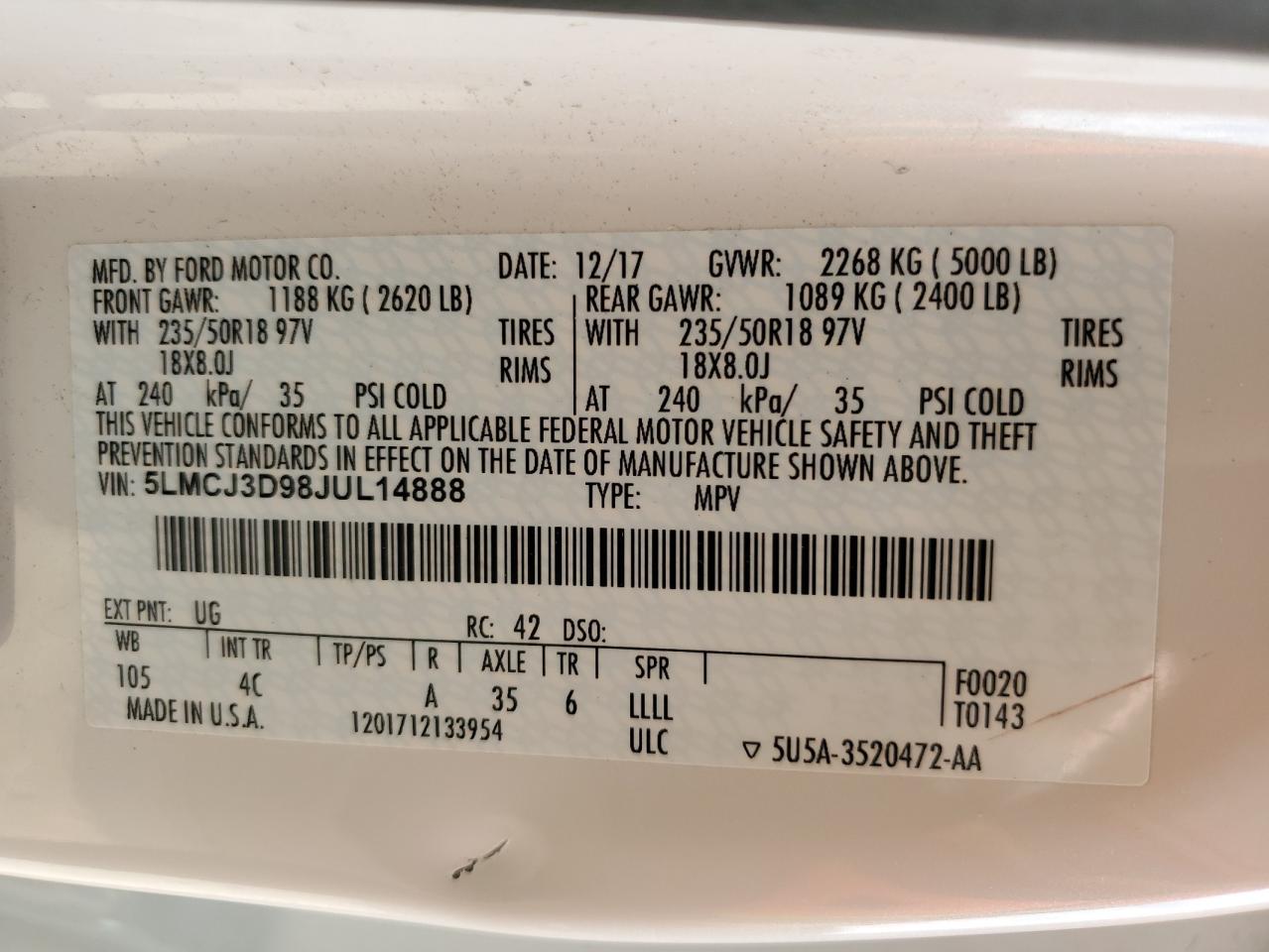 2018 Lincoln Mkc Reserve VIN: 5LMCJ3D98JUL14888 Lot: 70865255