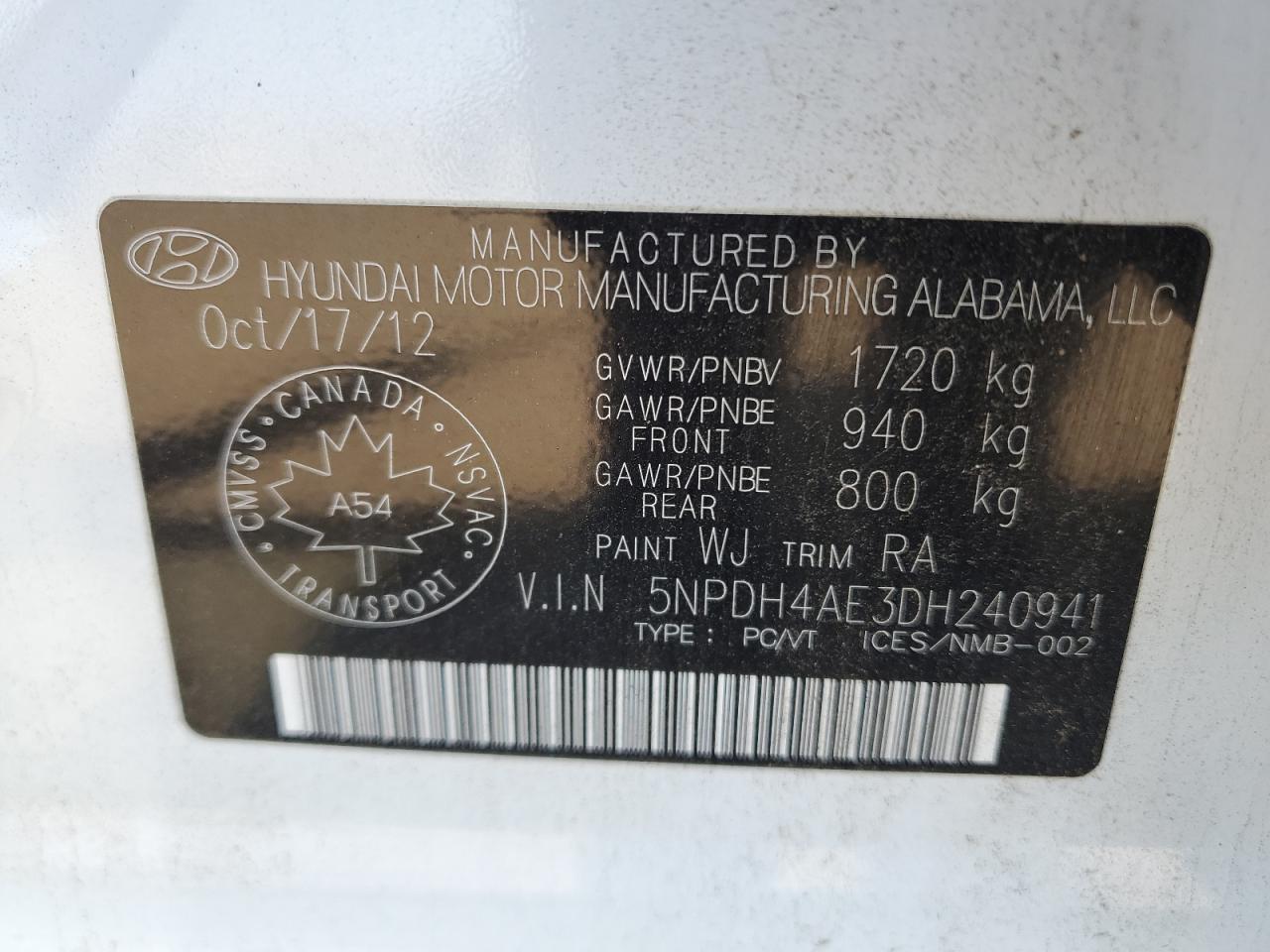 2013 Hyundai Elantra Gls VIN: 5NPDH4AE3DH240941 Lot: 70706665