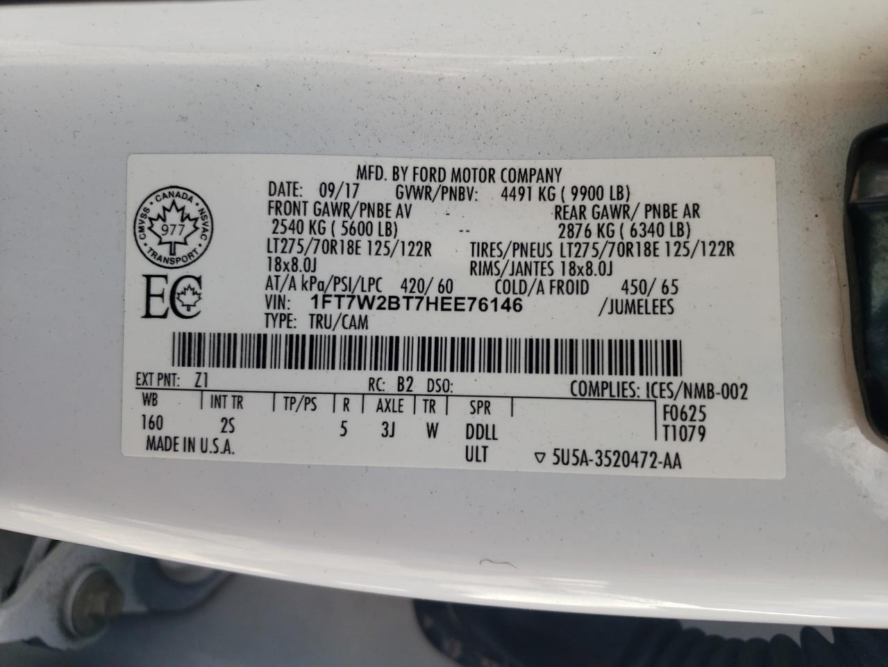 2017 Ford F250 Super Duty VIN: 1FT7W2BT7HEE76146 Lot: 67885435