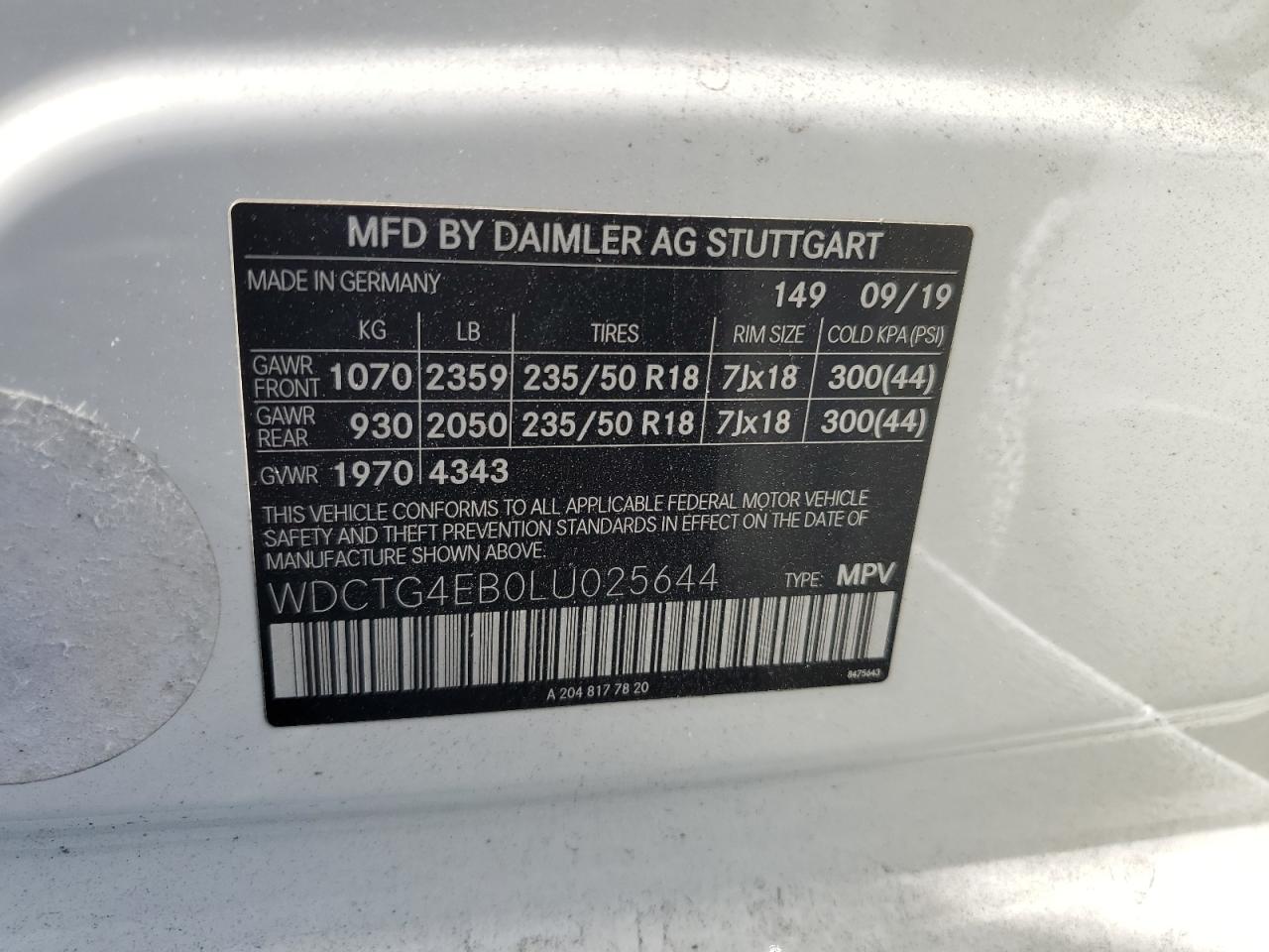 2020 Mercedes-Benz Gla 250 VIN: WDCTG4EB0LU025644 Lot: 67595555