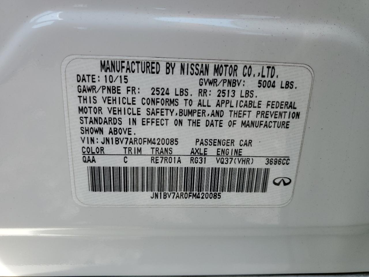 2015 Infiniti Q50 Base VIN: JN1BV7AR0FM420085 Lot: 67736485