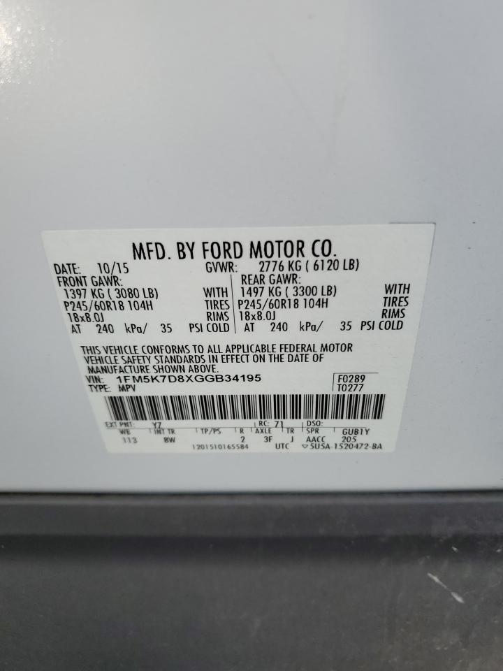 2016 Ford Explorer Xlt VIN: 1FM5K7D8XGGB34195 Lot: 70356845