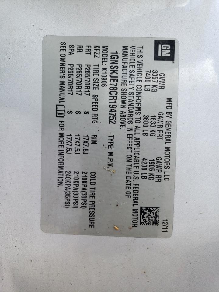 2012 Chevrolet Suburban K1500 Lt VIN: 1GNSKJE78CR194752 Lot: 70404345