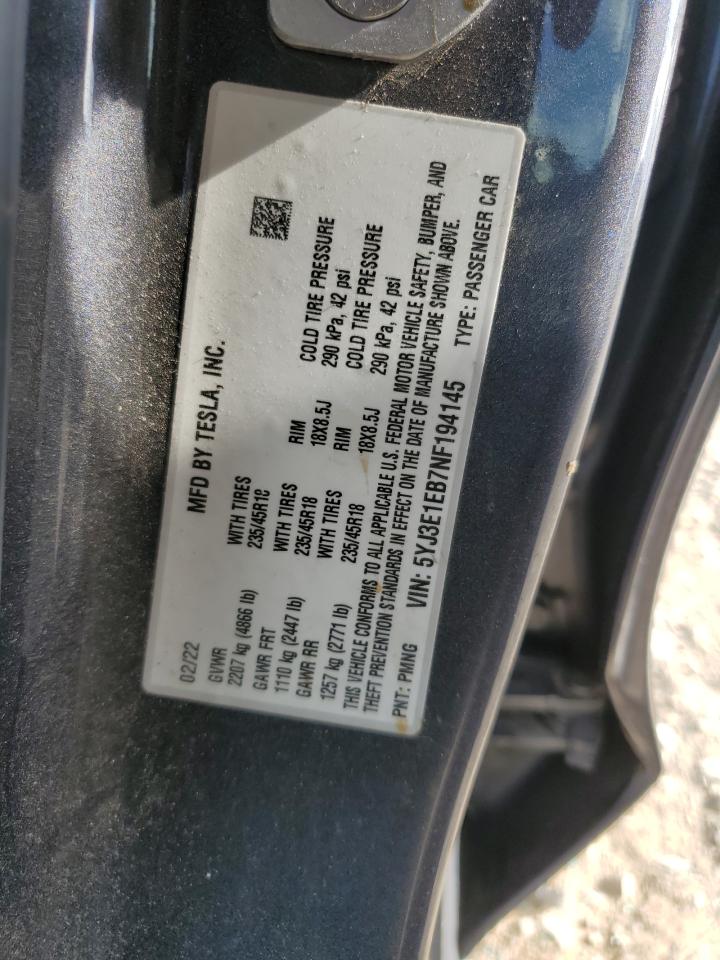 2022 Tesla Model 3 VIN: 5YJ3E1EB7NF194145 Lot: 67733485