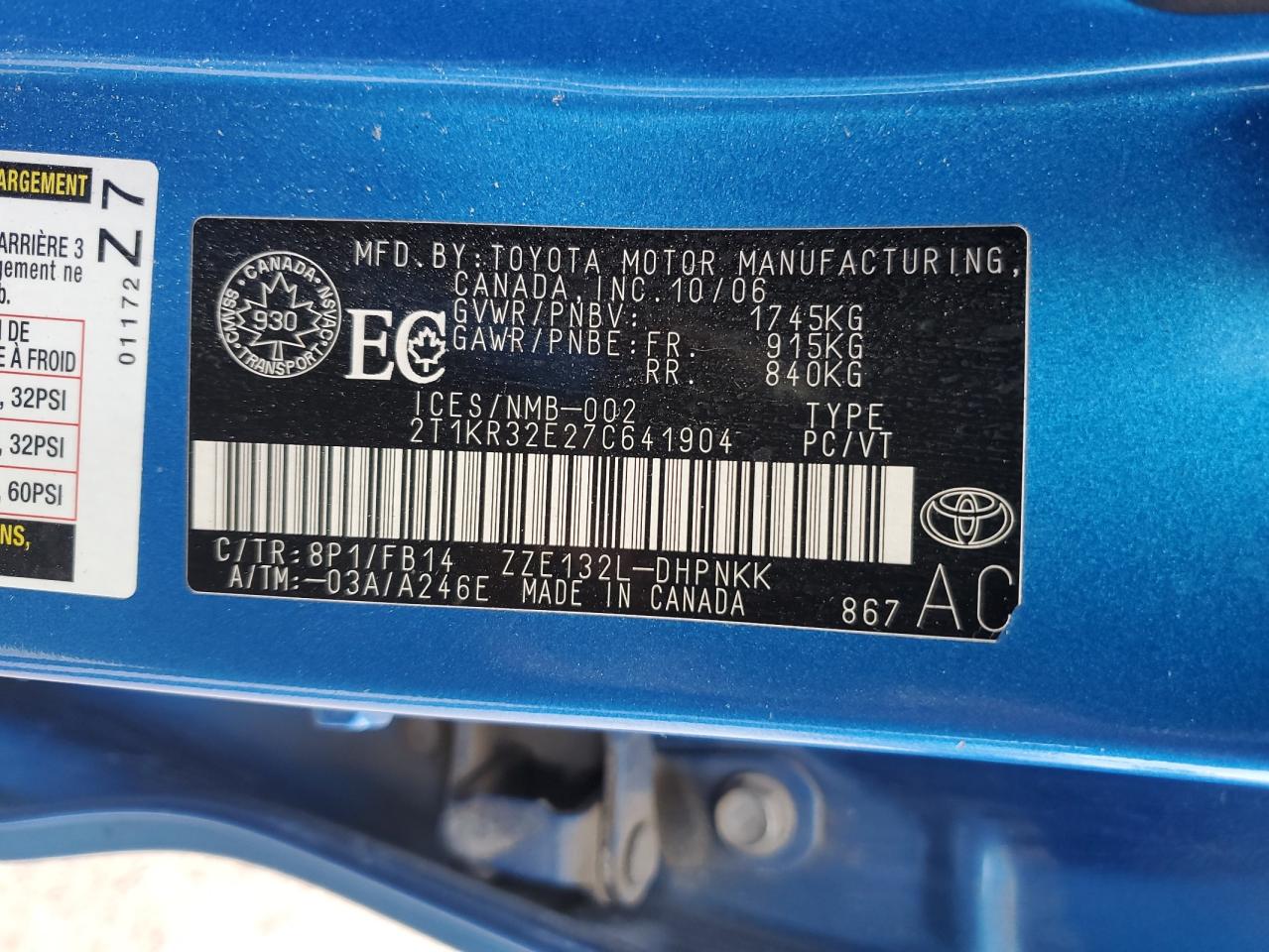 2007 Toyota Corolla Matrix Xr VIN: 2T1KR32E27C641904 Lot: 70195295