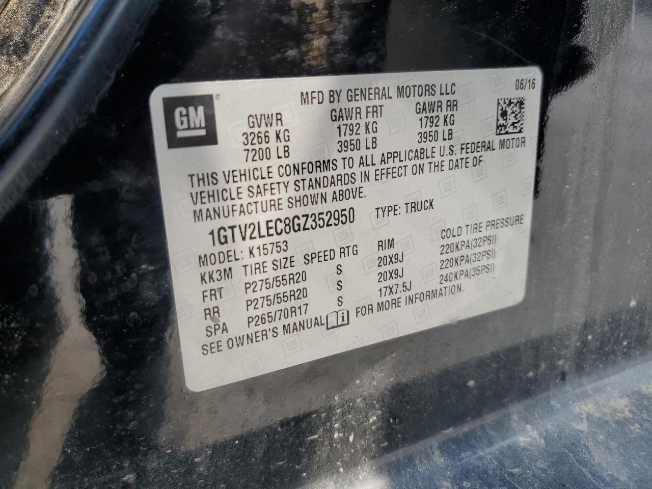 2016 GMC Sierra K1500 VIN: 1GTV2LEC8GZ352950 Lot: 68007715