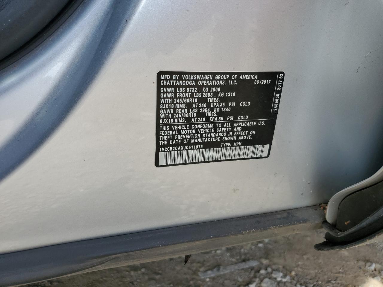 2018 Volkswagen Atlas Se VIN: 1V2CR2CAXJC511975 Lot: 71067985