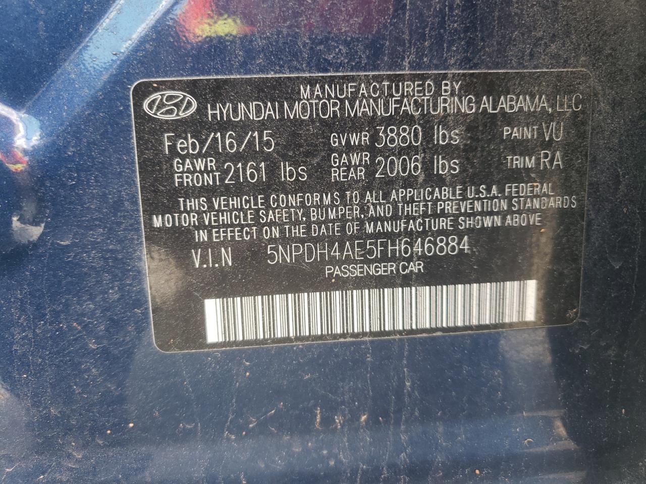 2015 Hyundai Elantra Se VIN: 5NPDH4AE5FH646884 Lot: 70193815