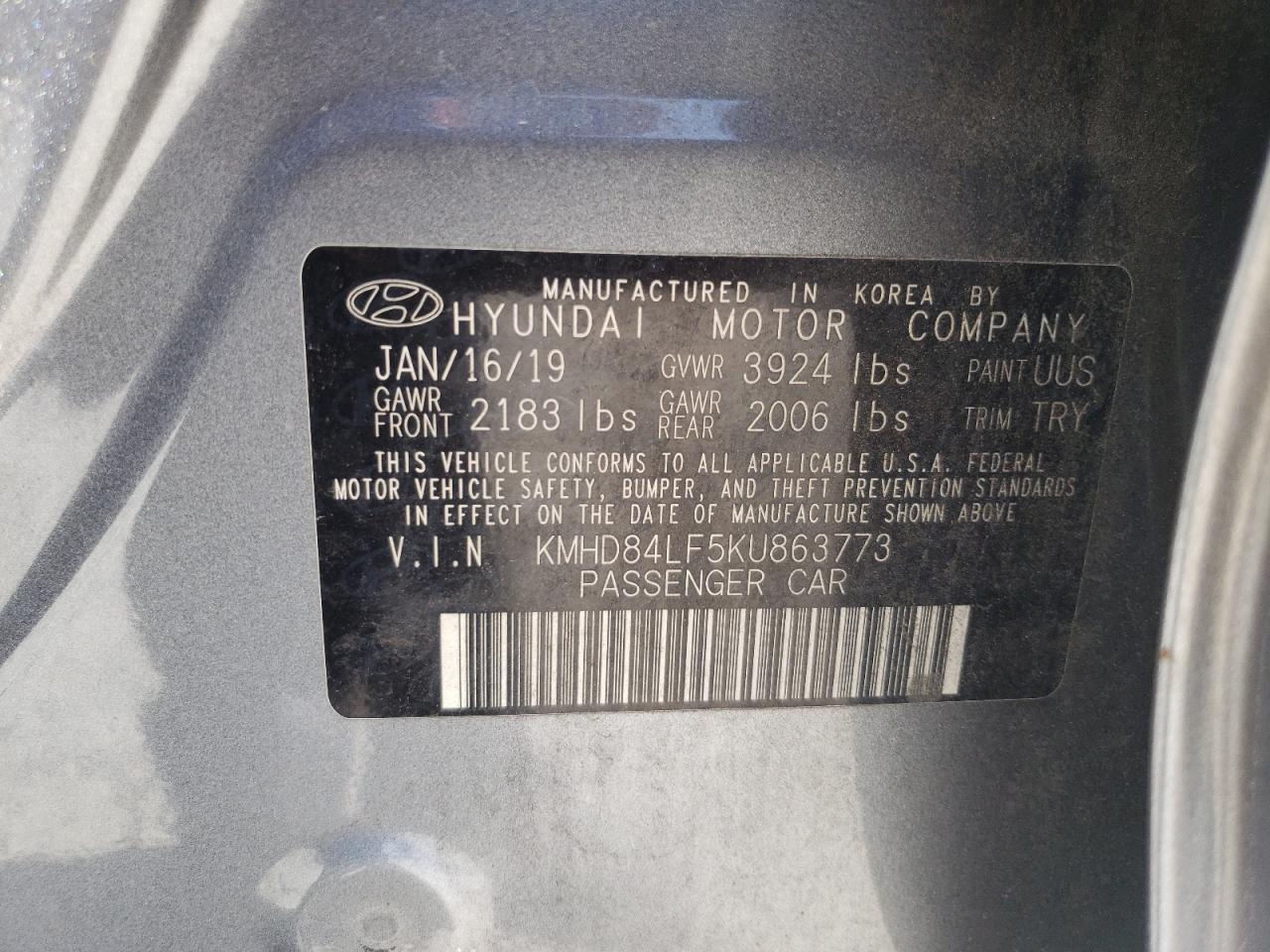 2019 Hyundai Elantra Sel VIN: KMHD84LF5KU863773 Lot: 67950375