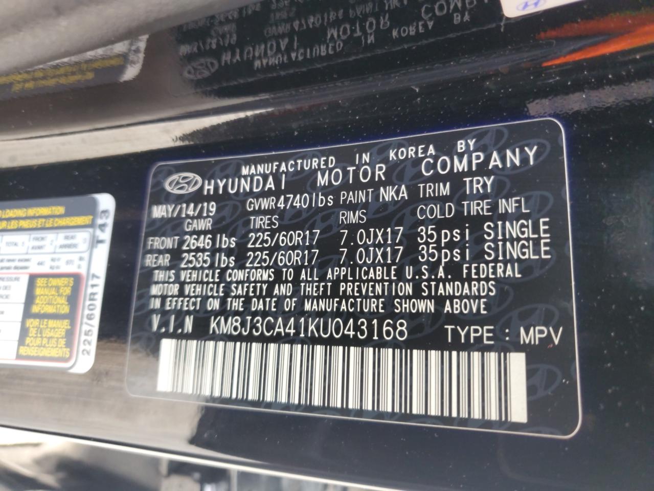 2019 Hyundai Tucson Limited VIN: KM8J3CA41KU043168 Lot: 67486165