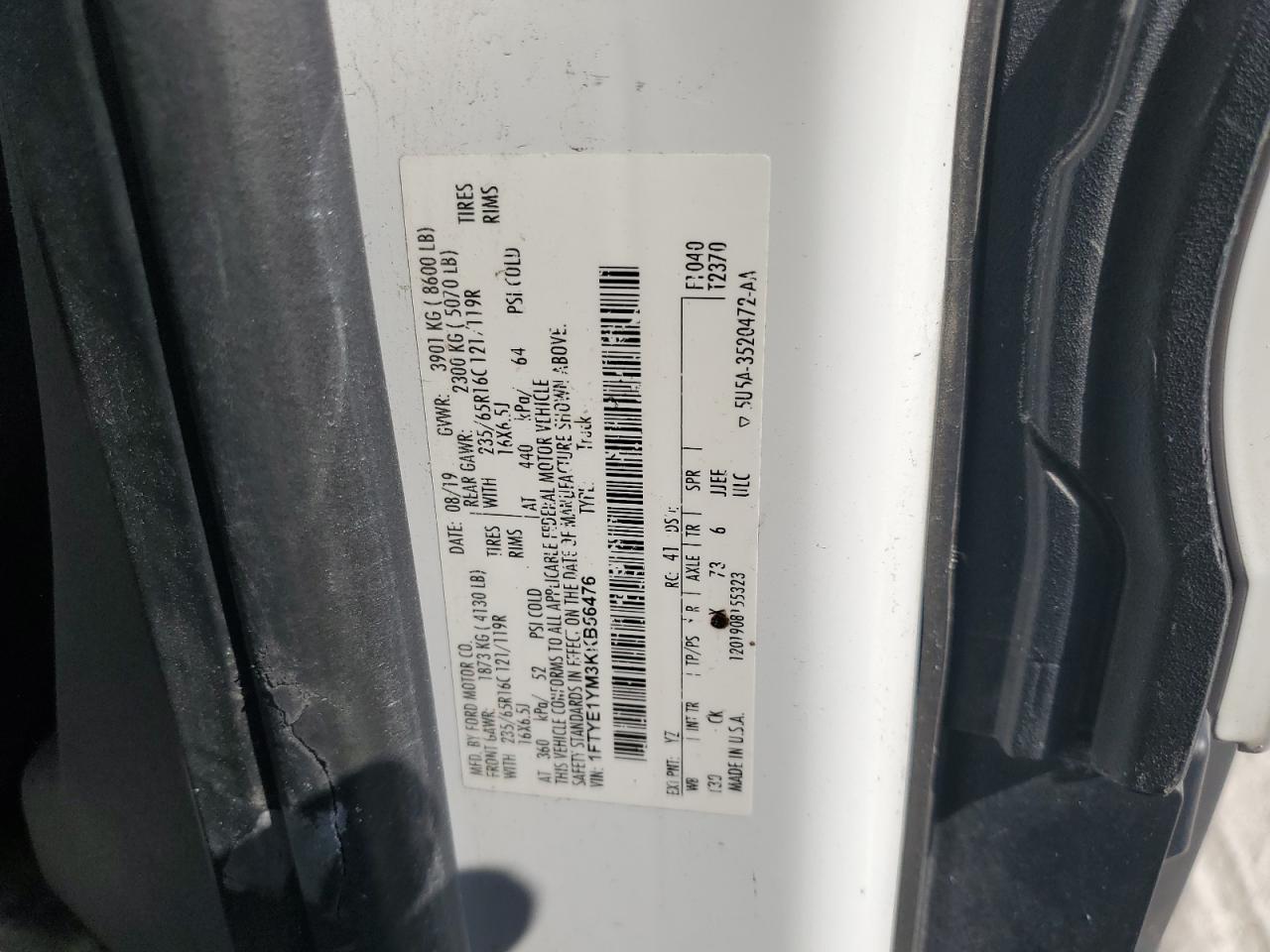 2019 Ford Transit T-150 VIN: 1FTYE1YM3KKB56476 Lot: 69453825