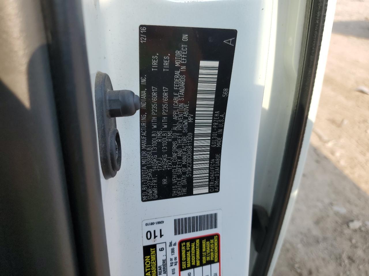 2017 Toyota Sienna Le VIN: 5TDKZ3DC0HS811309 Lot: 68946095