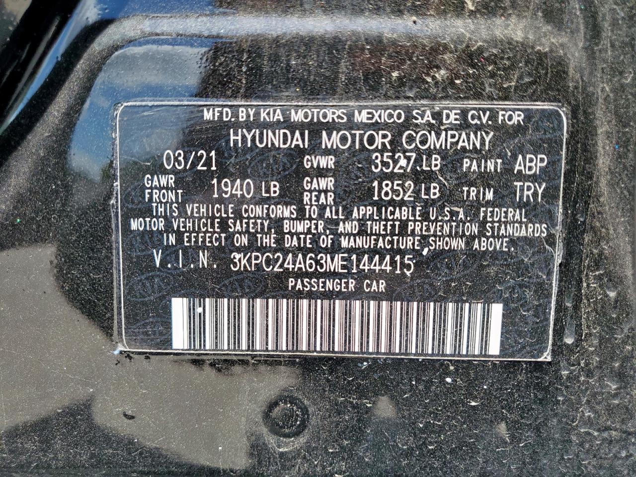 2021 Hyundai Accent Se VIN: 3KPC24A63ME144415 Lot: 68850315