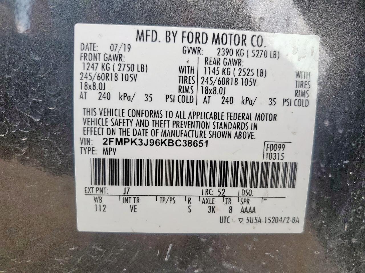 2019 Ford Edge Sel VIN: 2FMPK3J96KBC38651 Lot: 69464375