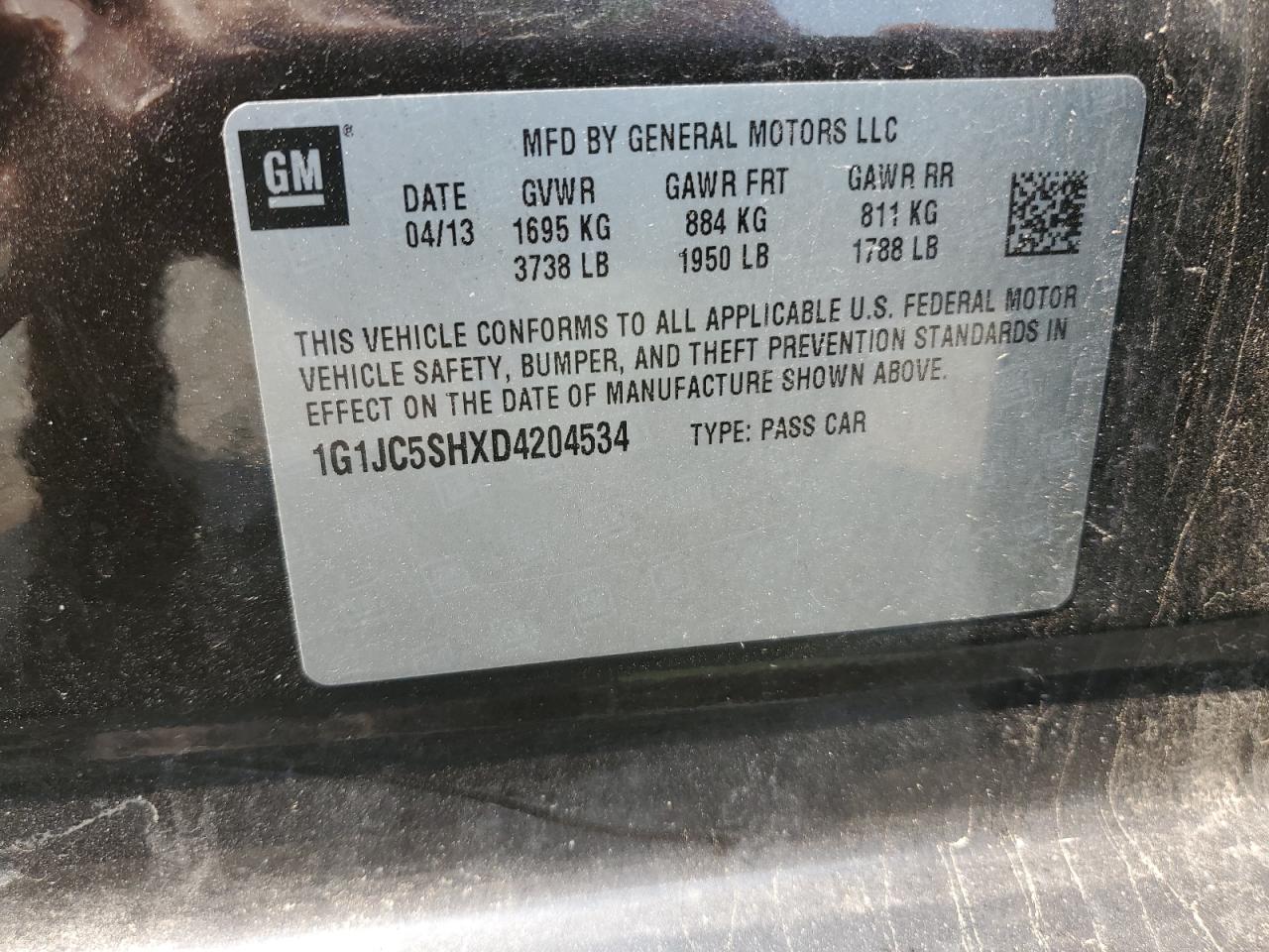 2013 Chevrolet Sonic Lt VIN: 1G1JC5SHXD4204534 Lot: 69886115