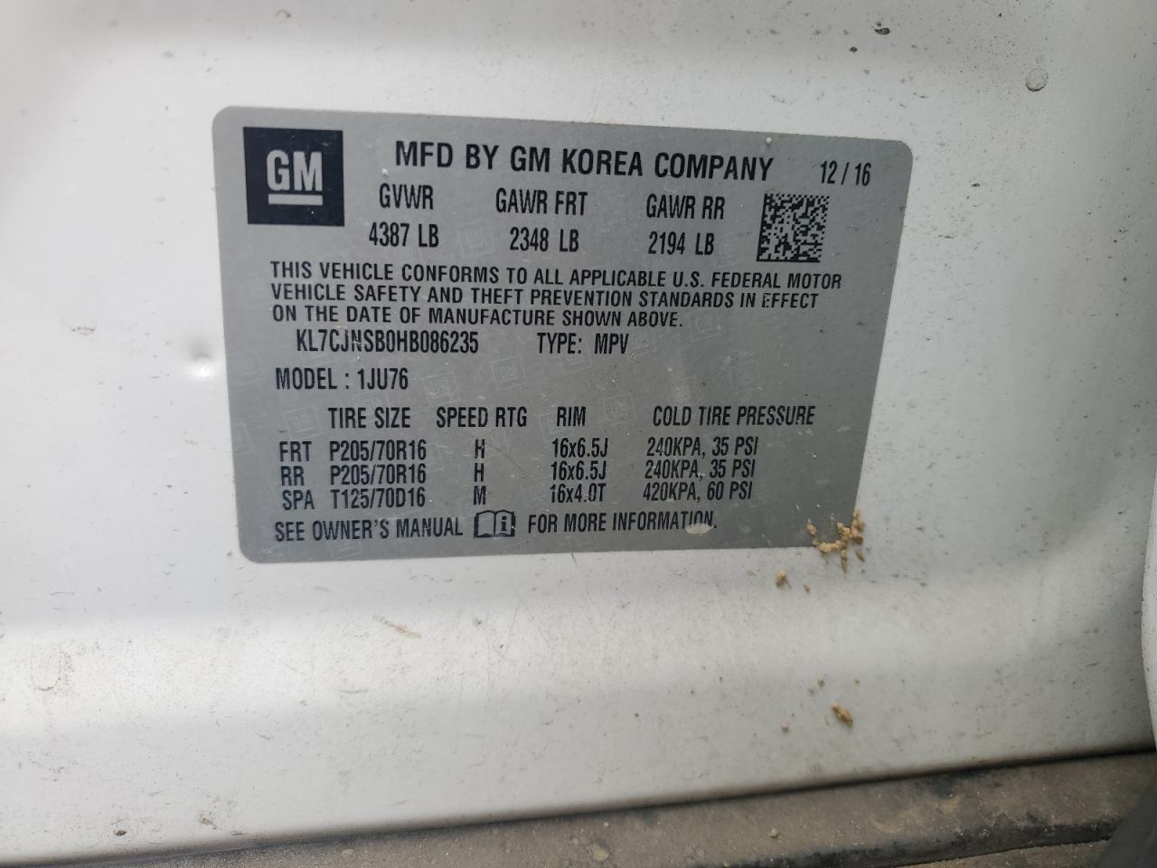 2017 Chevrolet Trax Ls VIN: KL7CJNSB0HB086235 Lot: 70800985