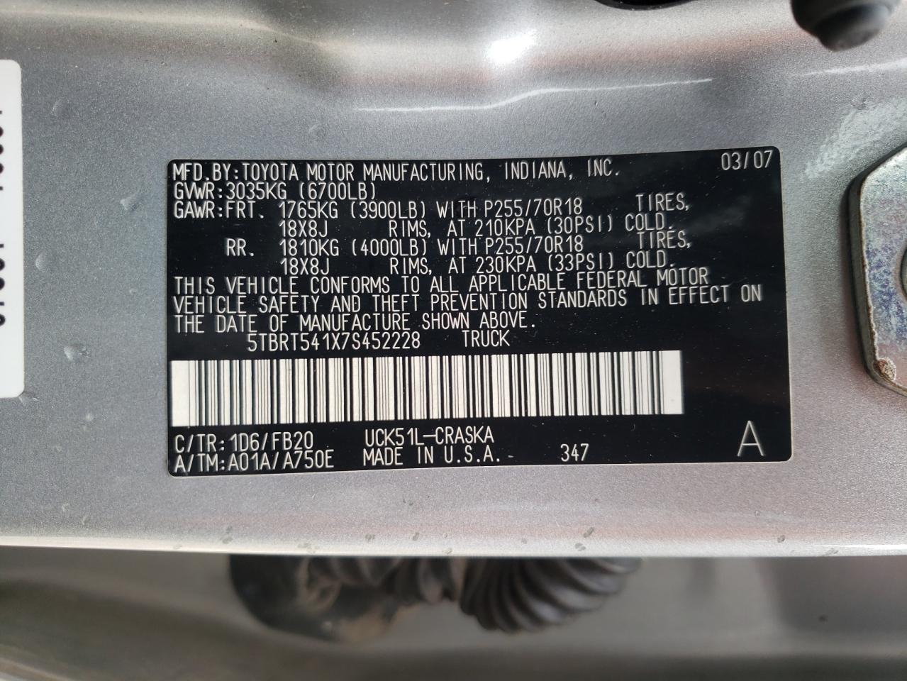 2007 Toyota Tundra Double Cab Sr5 VIN: 5TBRT541X7S452228 Lot: 68309735