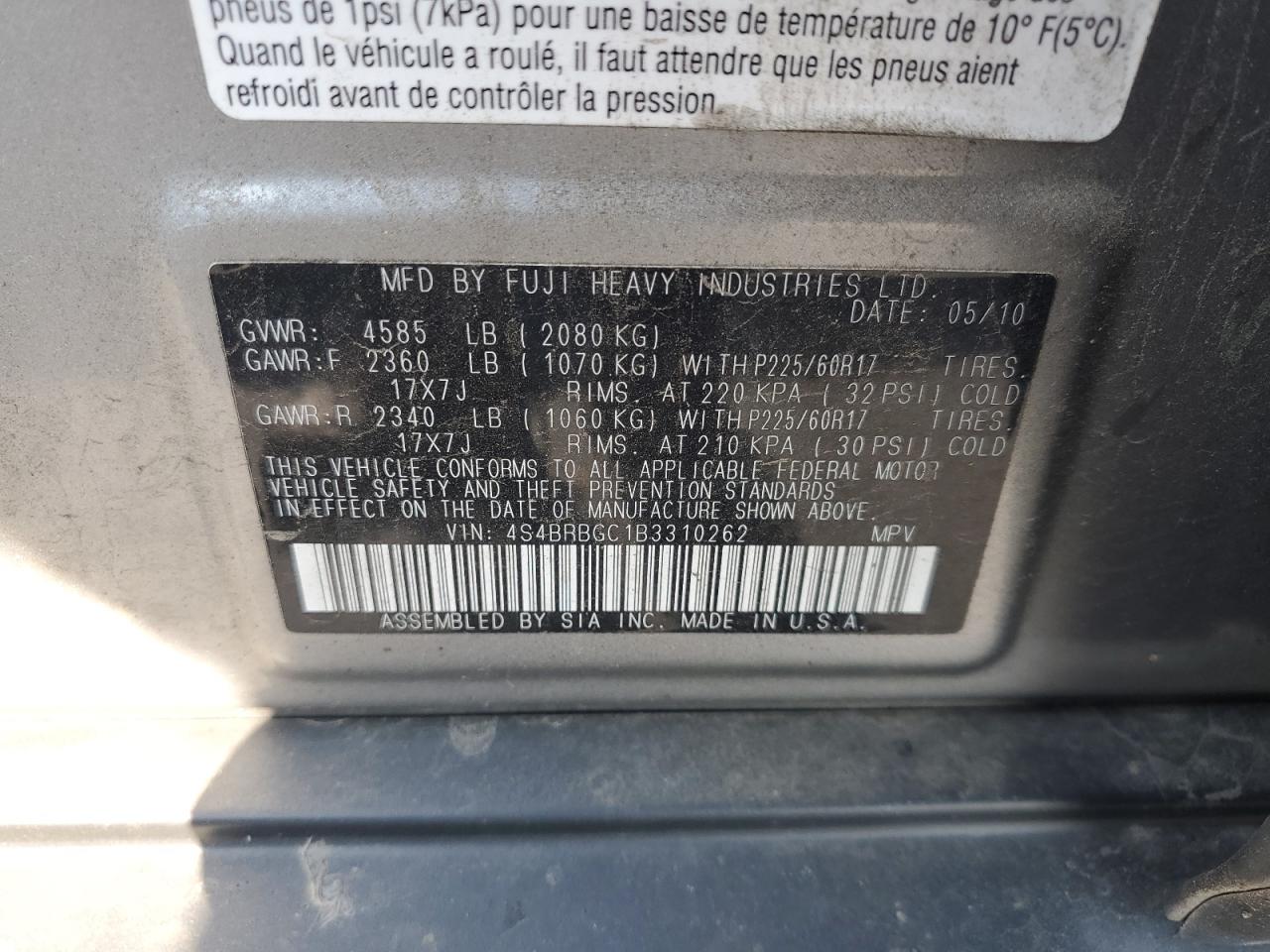 2011 Subaru Outback 2.5I Premium VIN: 4S4BRBGC1B3310262 Lot: 68463665