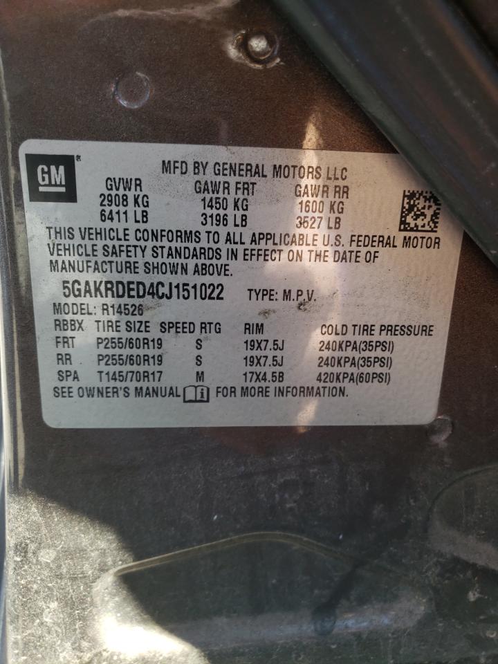 2012 Buick Enclave VIN: 5GAKRDED4CJ151022 Lot: 70892275