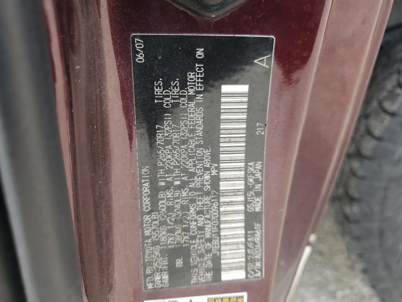 2007 Toyota Fj Cruiser VIN: JTEBU11F070096112 Lot: 68709055