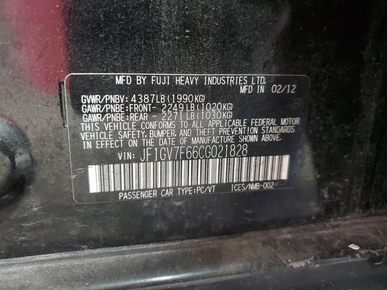 2012 Subaru Impreza Wrx VIN: JF1GV7F66CG021828 Lot: 68867775