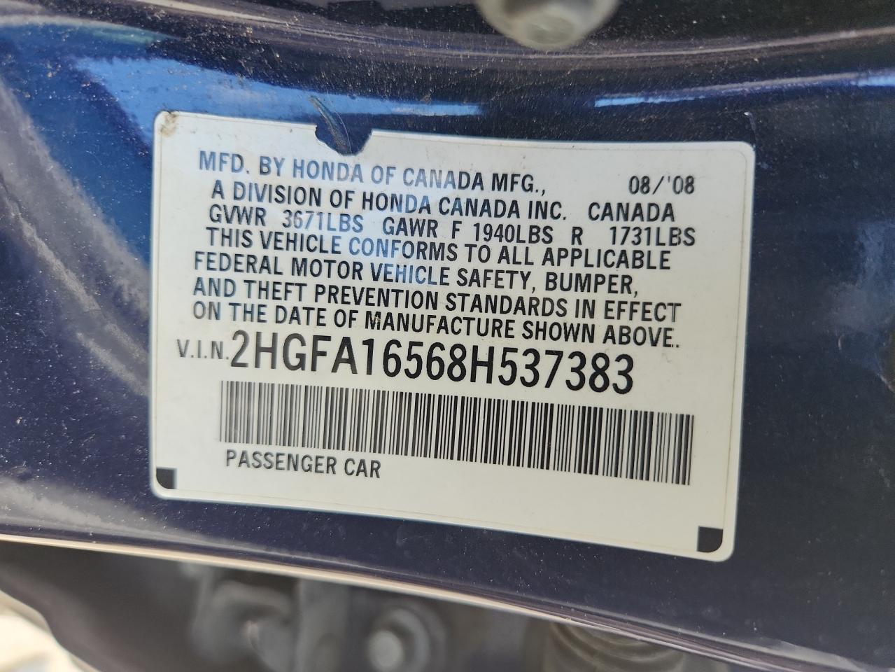 2008 Honda Civic Lx VIN: 2HGFA16568H537383 Lot: 70591415