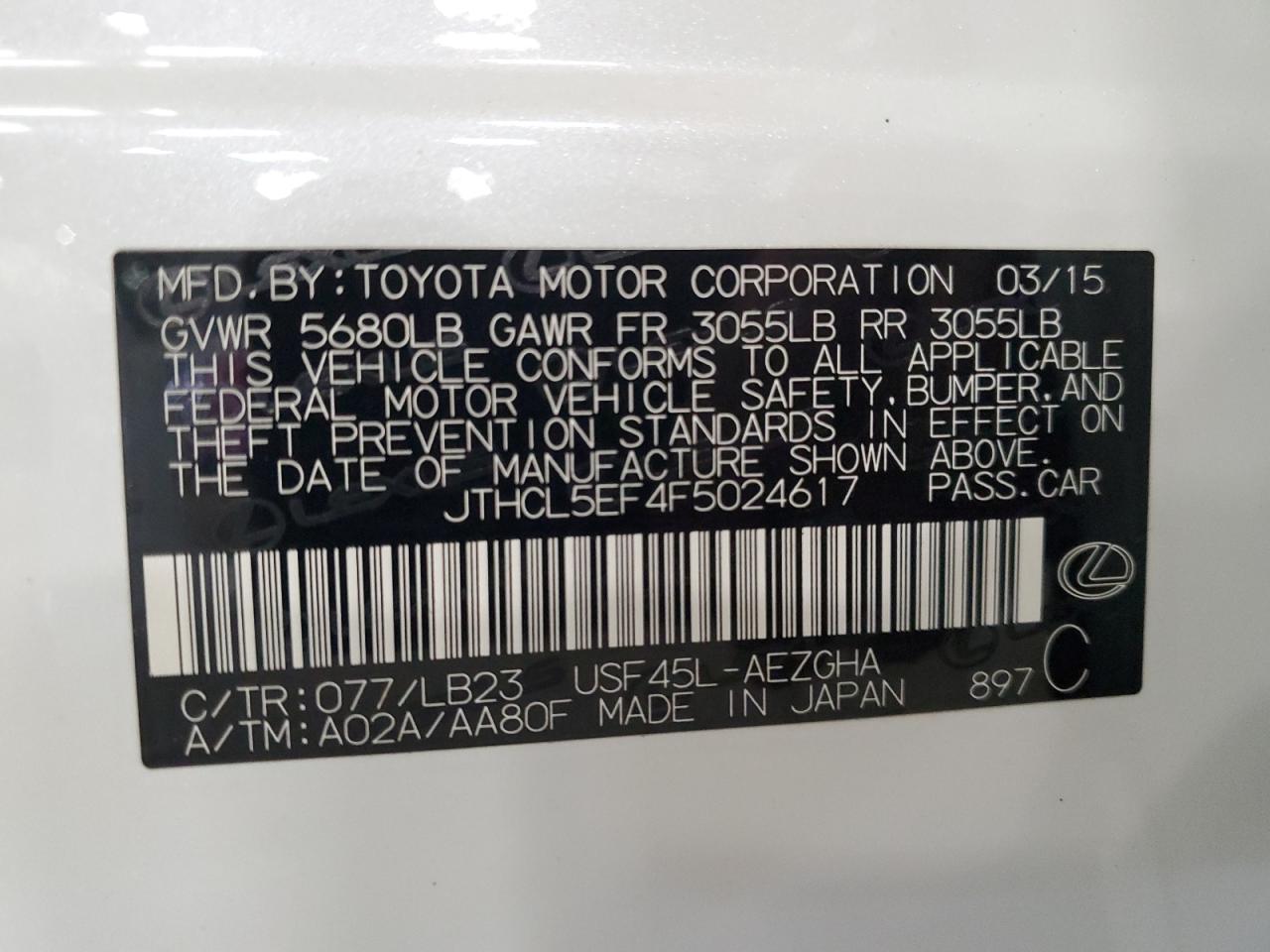 2015 Lexus Ls 460 VIN: JTHCL5EF4F5024617 Lot: 69588825