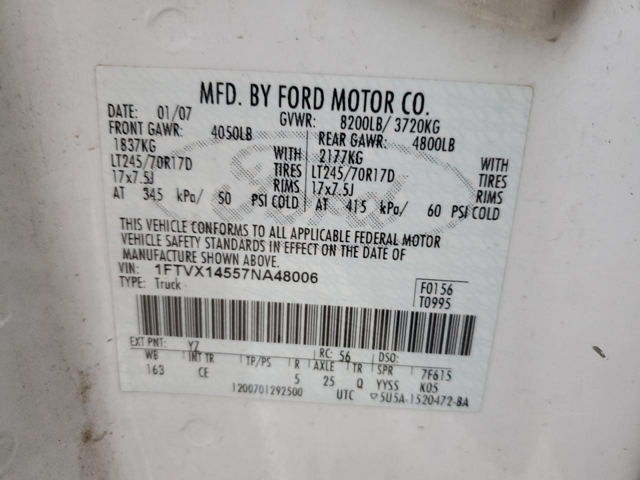 2007 Ford F150 VIN: 1FTVX14557NA48006 Lot: 70542005