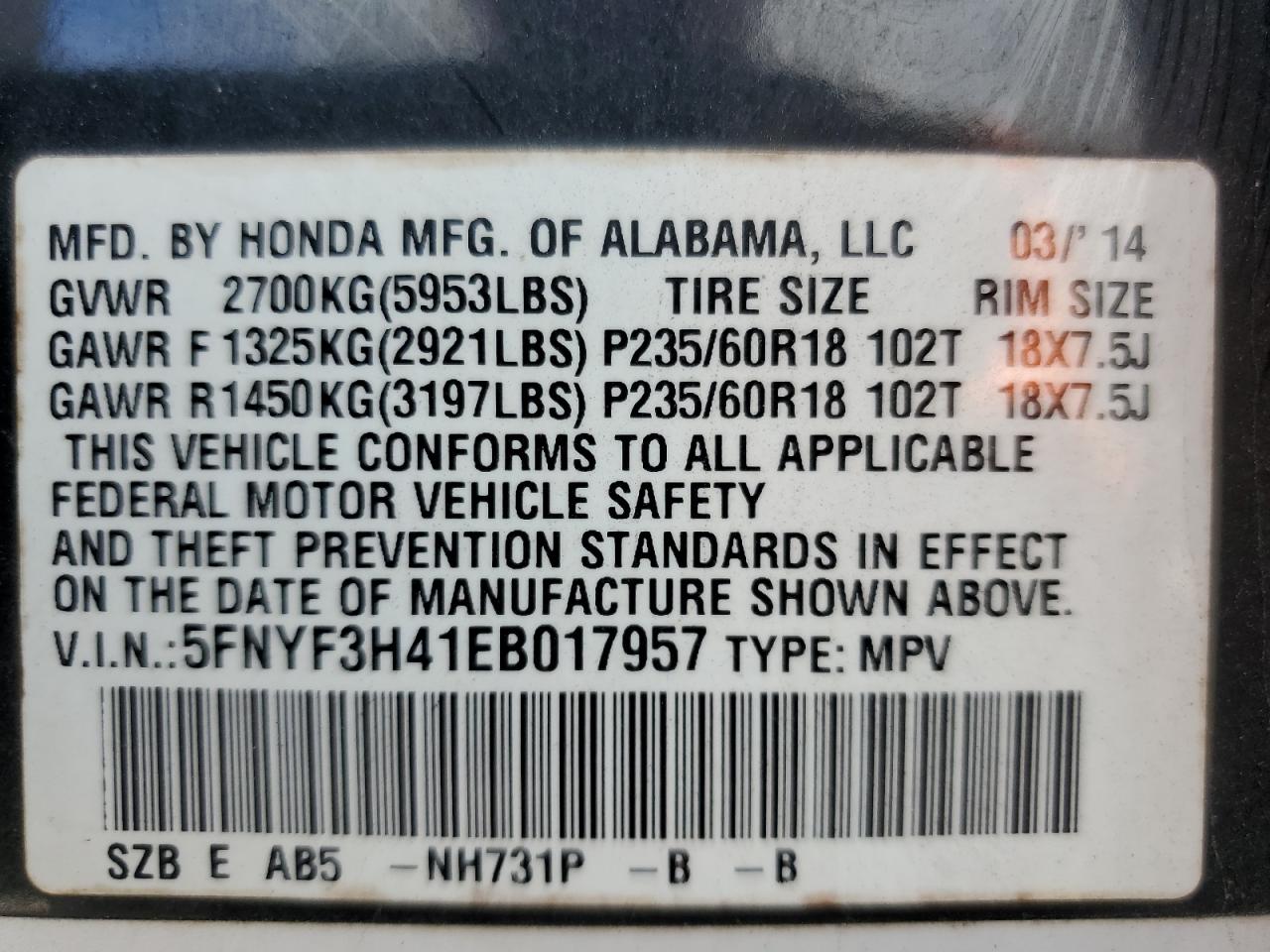 2014 Honda Pilot Ex VIN: 5FNYF3H41EB017957 Lot: 68212895