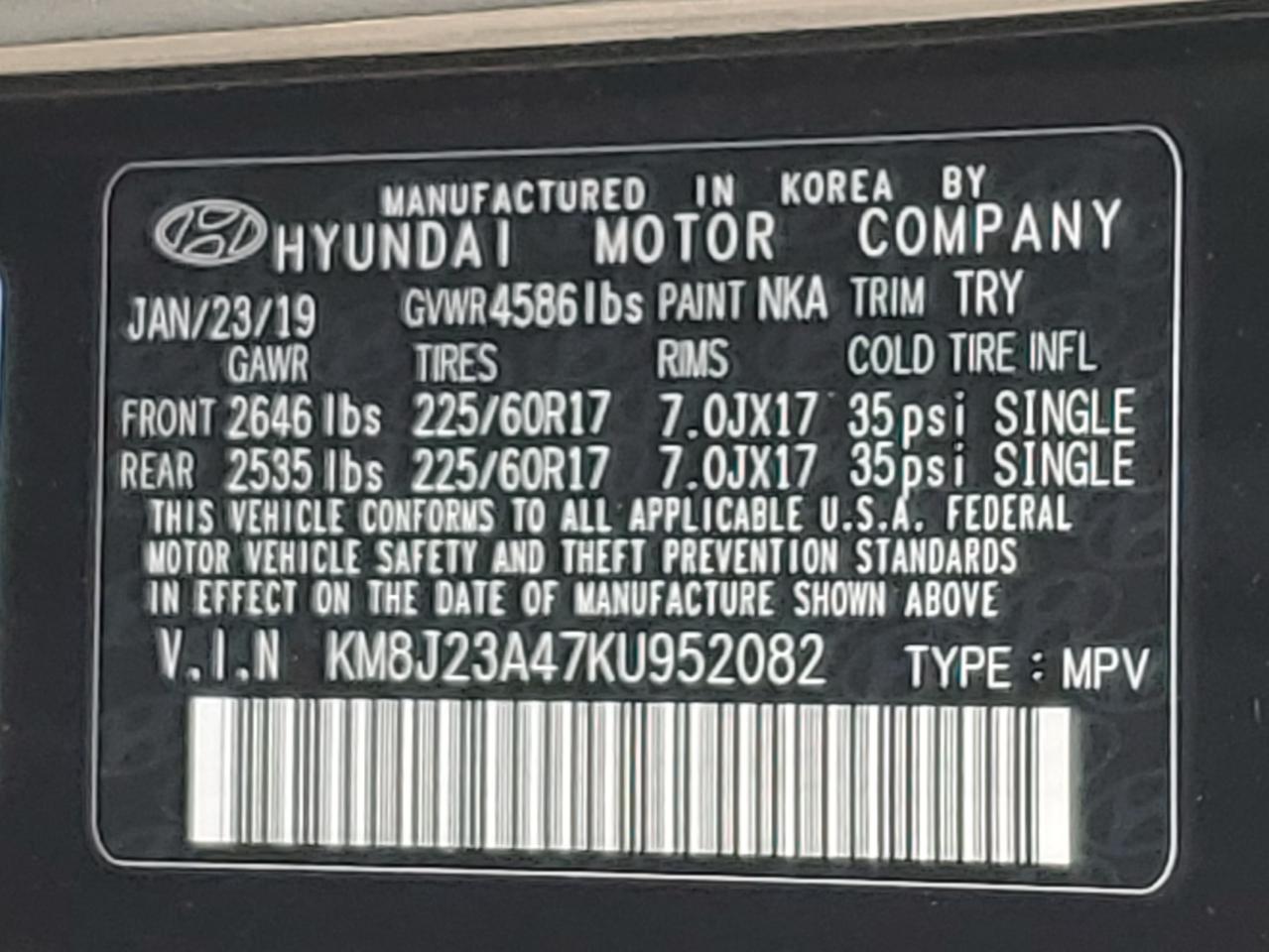 2019 Hyundai Tucson Se VIN: KM8J23A47KU952082 Lot: 68756055