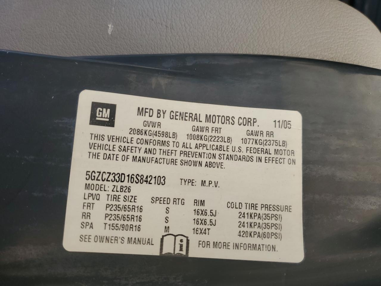 2006 Saturn Vue VIN: 5GZCZ33D16S842103 Lot: 70626425