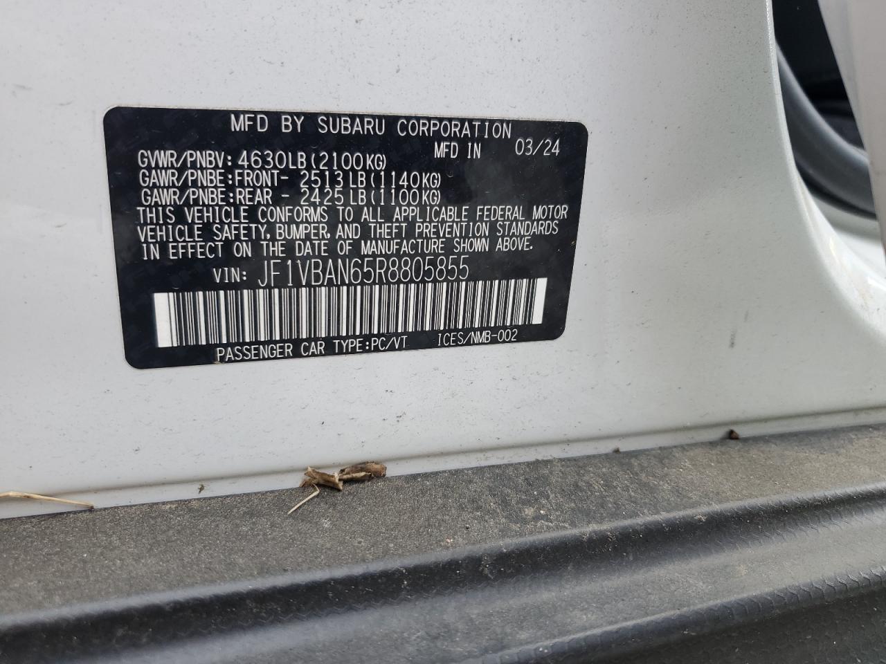 2024 Subaru Wrx Limited VIN: JF1VBAN65R8805855 Lot: 67901625