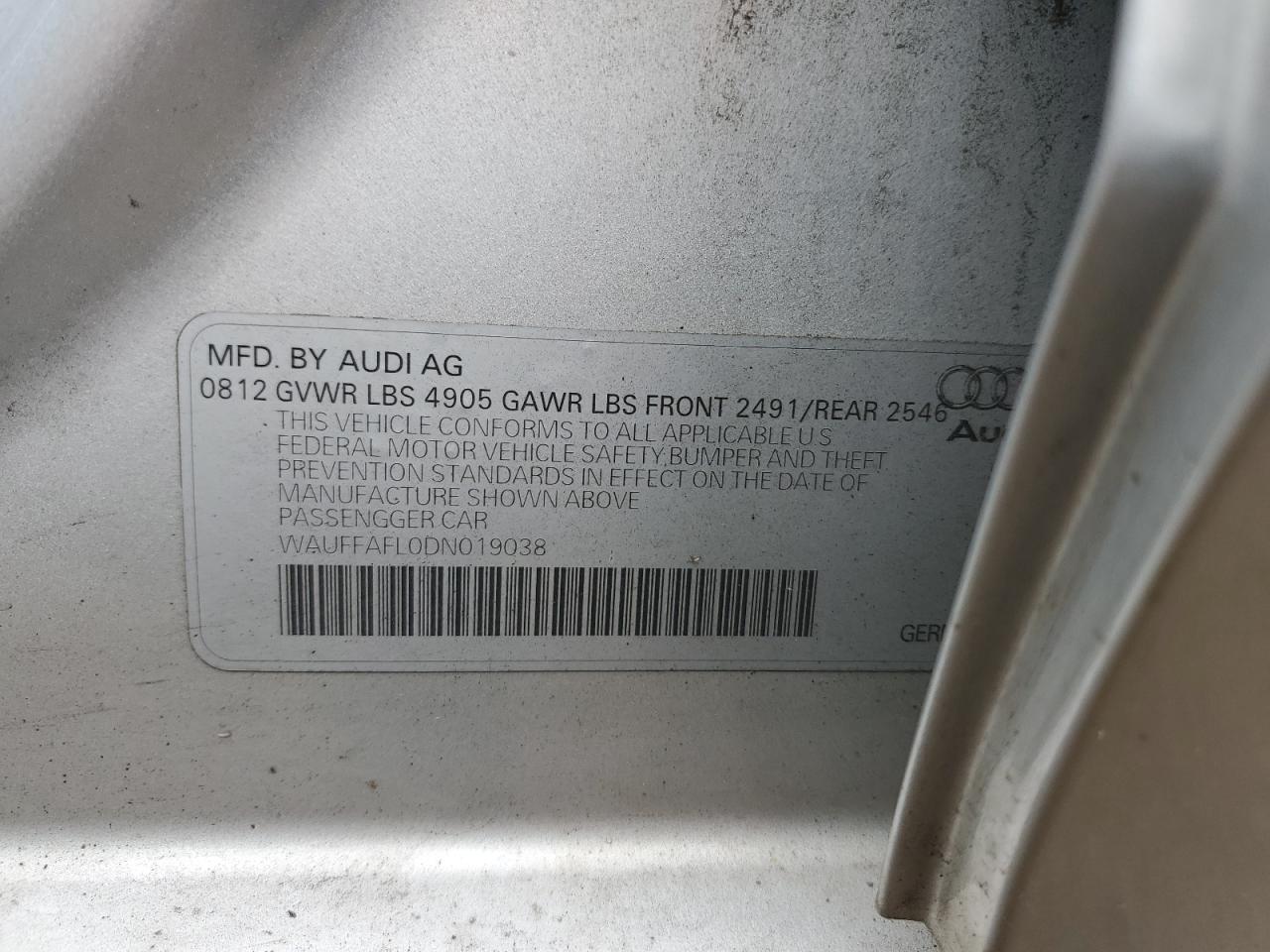 2013 Audi A4 Premium Plus VIN: WAUFFAFL0DN019038 Lot: 68688215