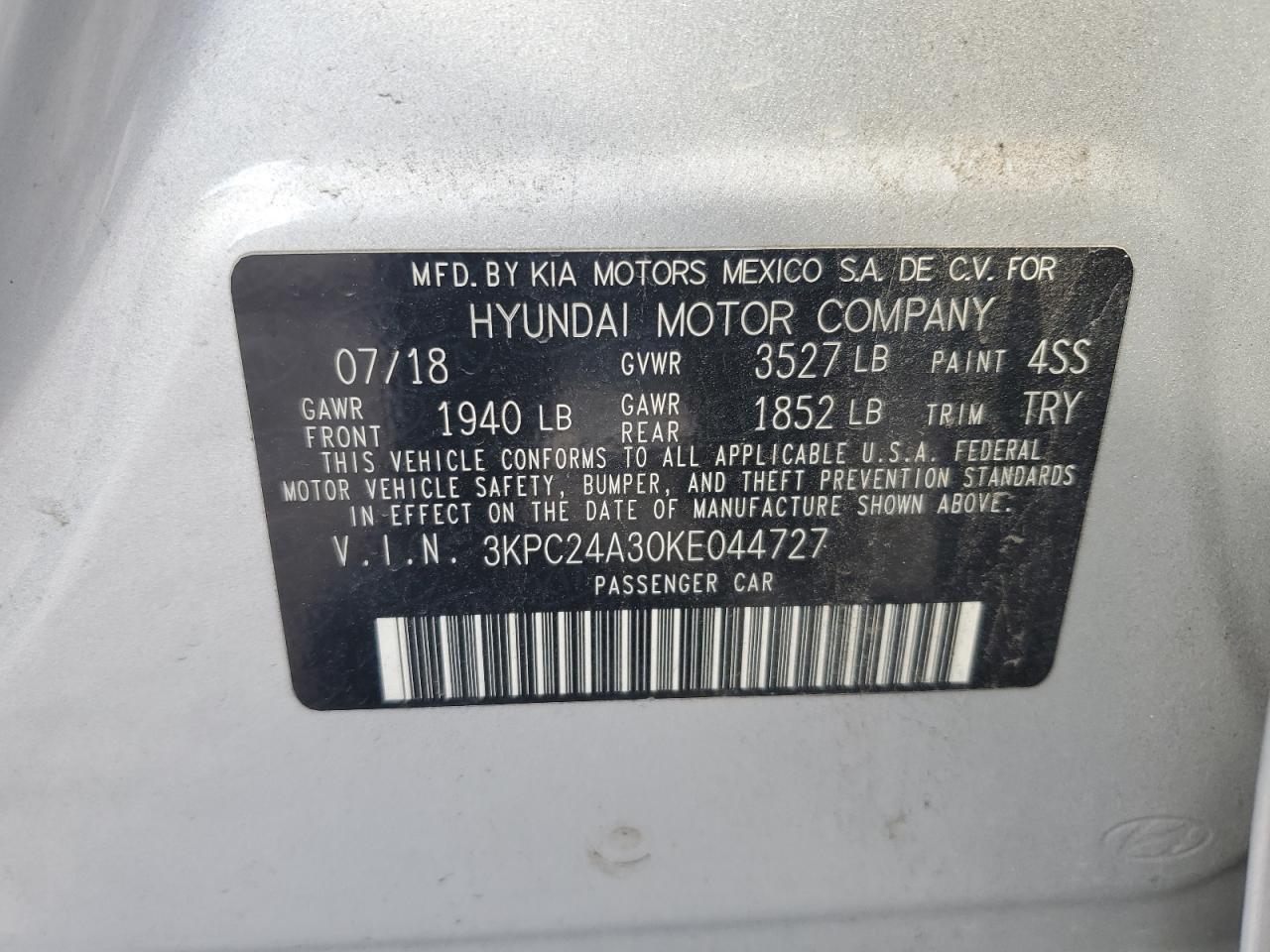 2019 Hyundai Accent Se VIN: 3KPC24A30KE044727 Lot: 69522255