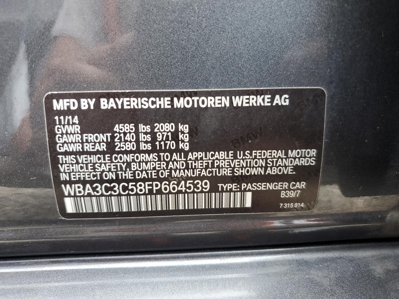 2015 BMW 320 I xDrive VIN: WBA3C3C58FP664539 Lot: 70730385