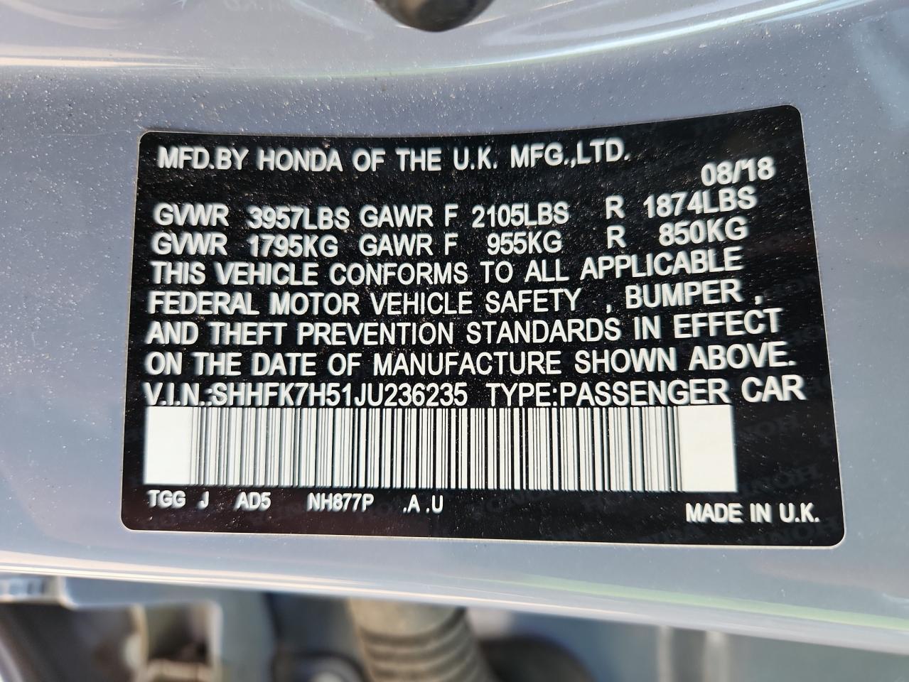 2018 Honda Civic Ex VIN: SHHFK7H51JU236235 Lot: 69473945