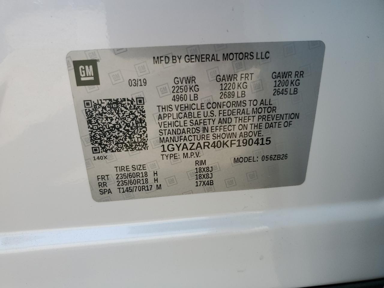 2019 Cadillac Xt4 Luxury VIN: 1GYAZAR40KF190415 Lot: 69035365