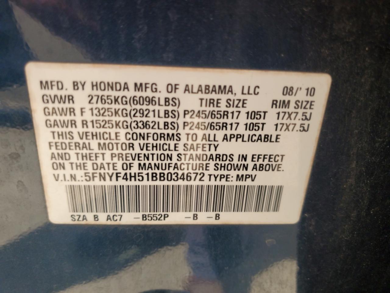 2011 Honda Pilot Exl VIN: 5FNYF4H51BB034672 Lot: 67830915