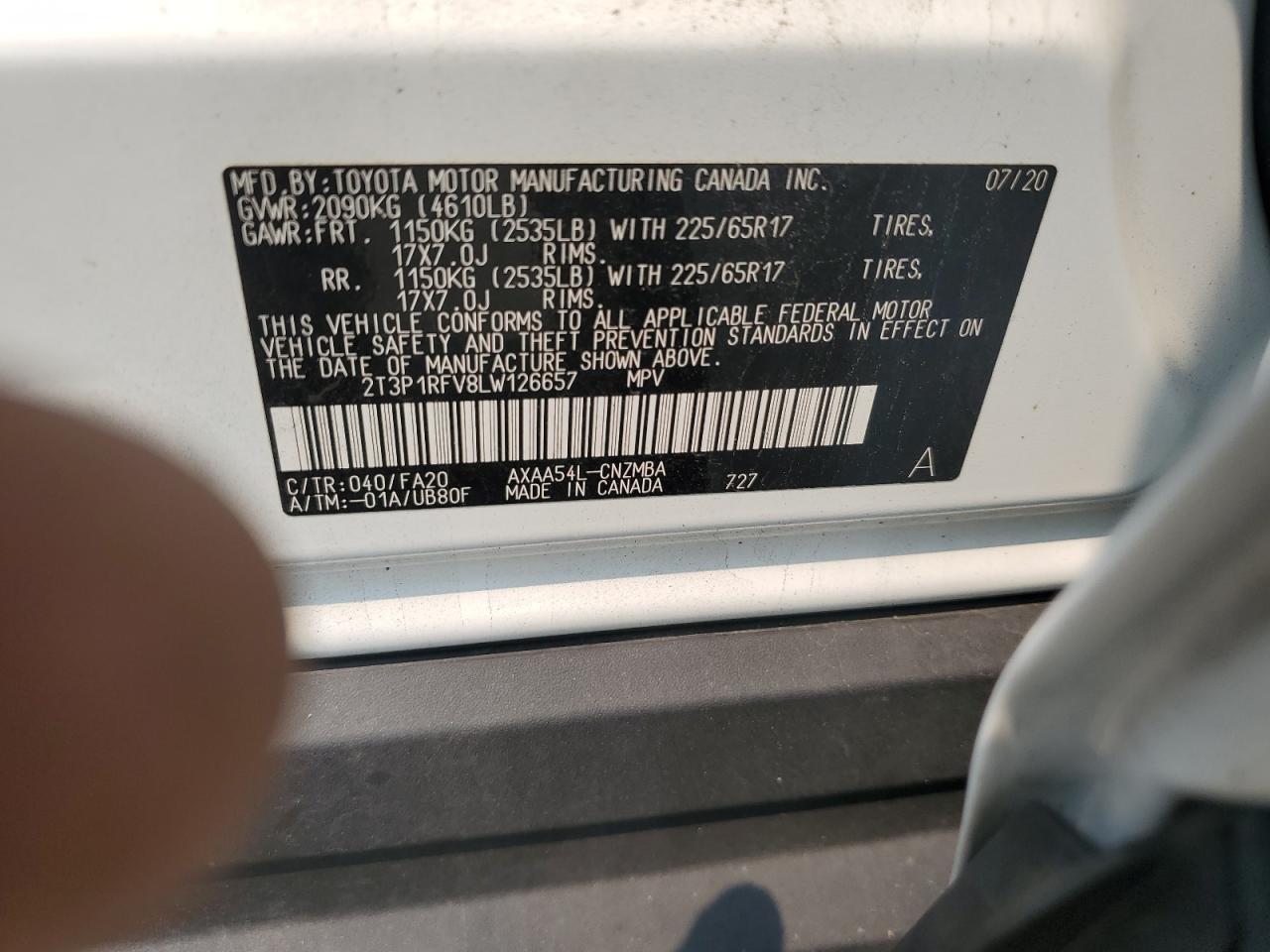 2020 Toyota Rav4 Xle VIN: 2T3P1RFV8LW126657 Lot: 67572025