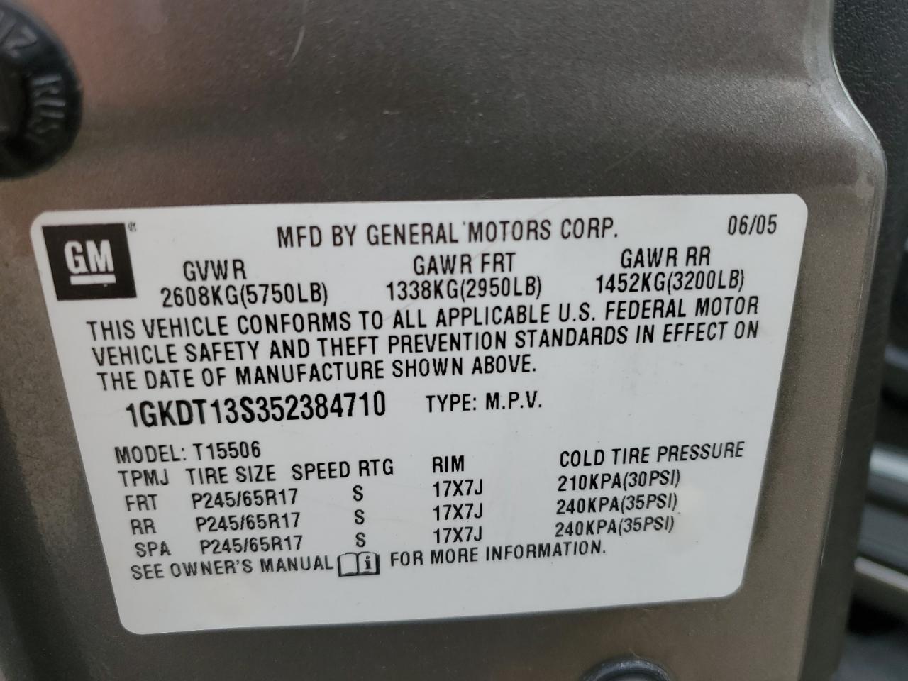 2005 GMC Envoy VIN: 1GKDT13S352384710 Lot: 69942795