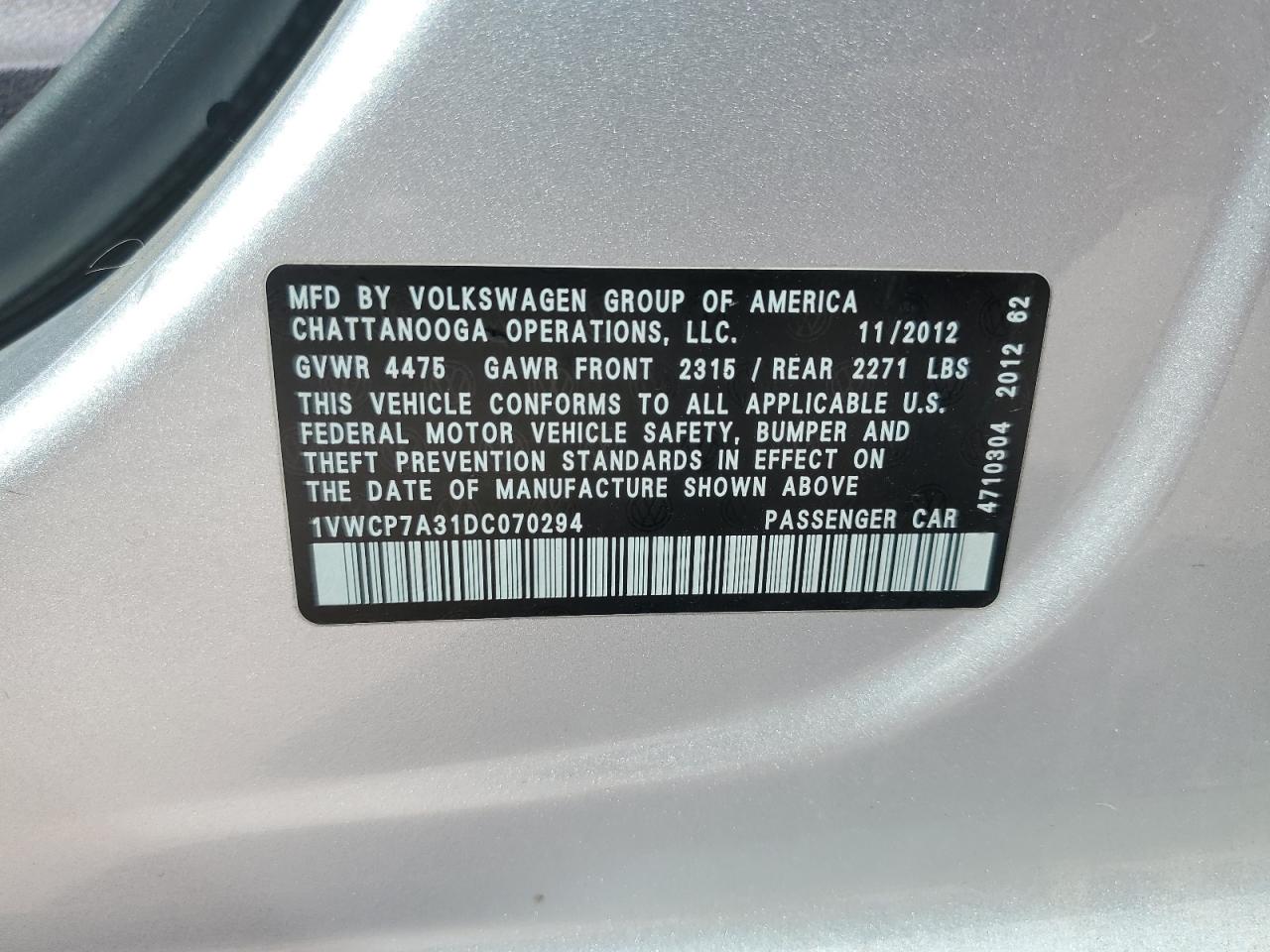 2013 Volkswagen Passat Sel VIN: 1VWCP7A31DC070294 Lot: 69151635