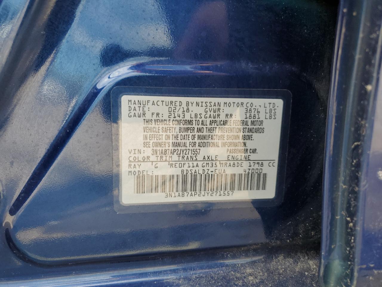 2018 Nissan Sentra S VIN: 3N1AB7AP2JY271557 Lot: 70184165