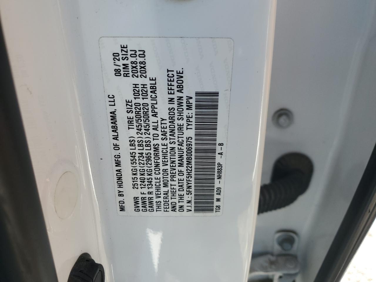 2021 Honda Pilot Se VIN: 5FNYF5H22MB006975 Lot: 70180205