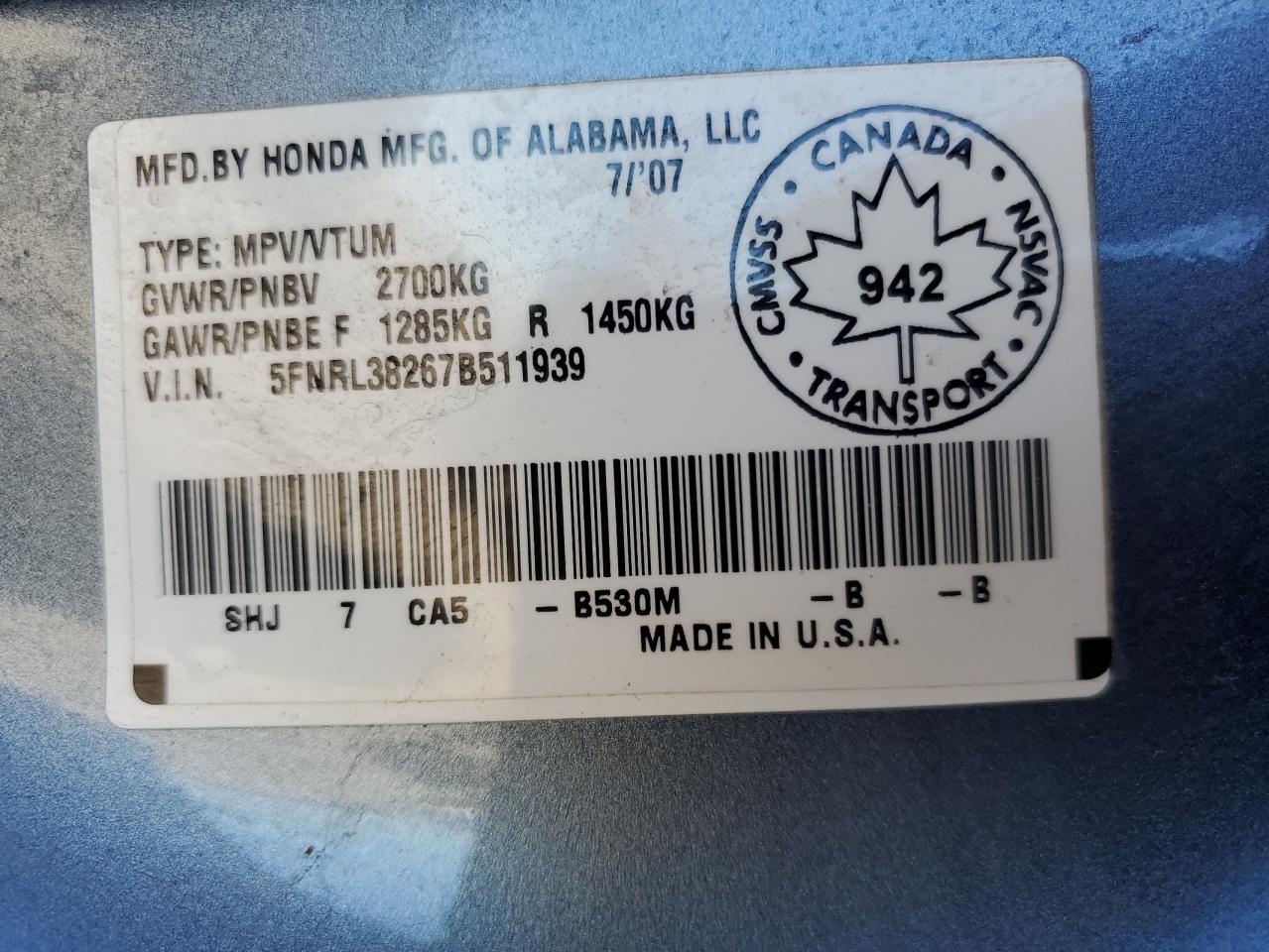 2007 Honda Odyssey Lx VIN: 5FNRL38267B511939 Lot: 68897285