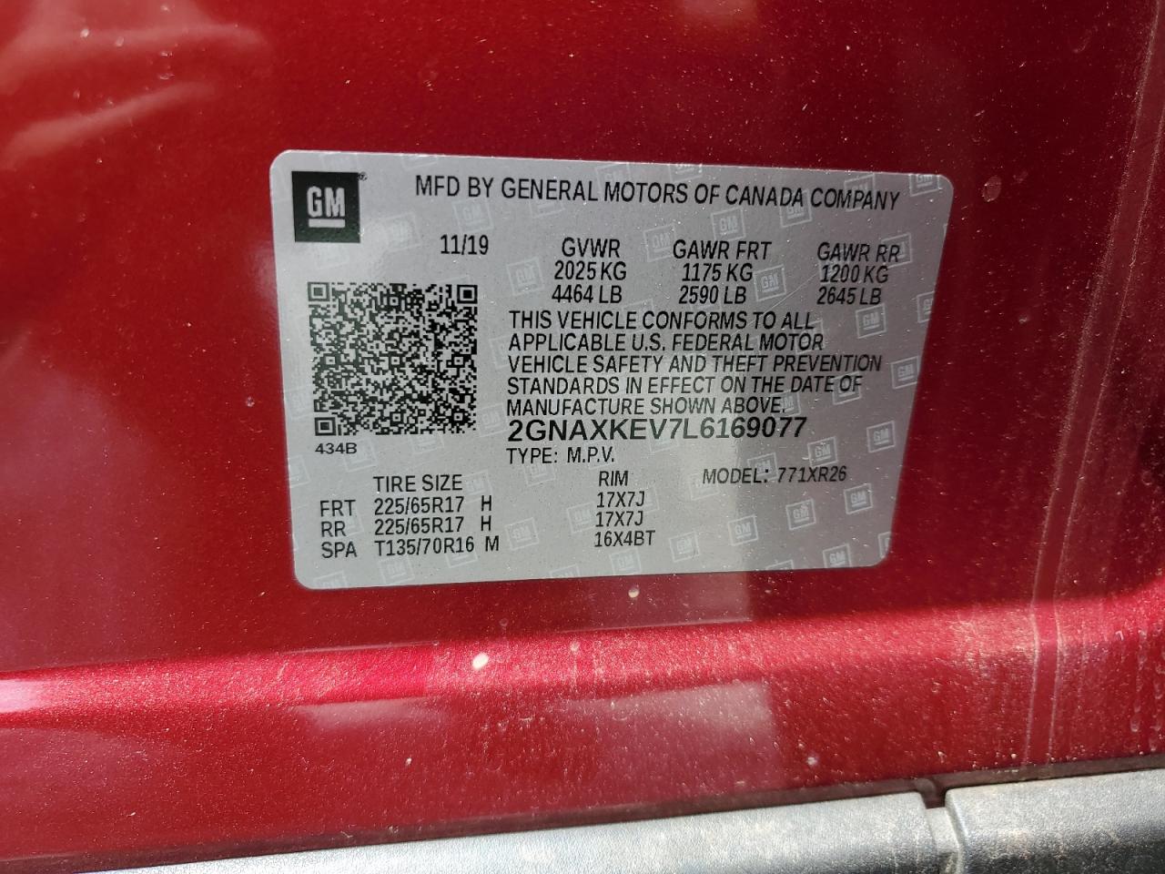 2020 Chevrolet Equinox Lt VIN: 2GNAXKEV7L6169077 Lot: 69009725