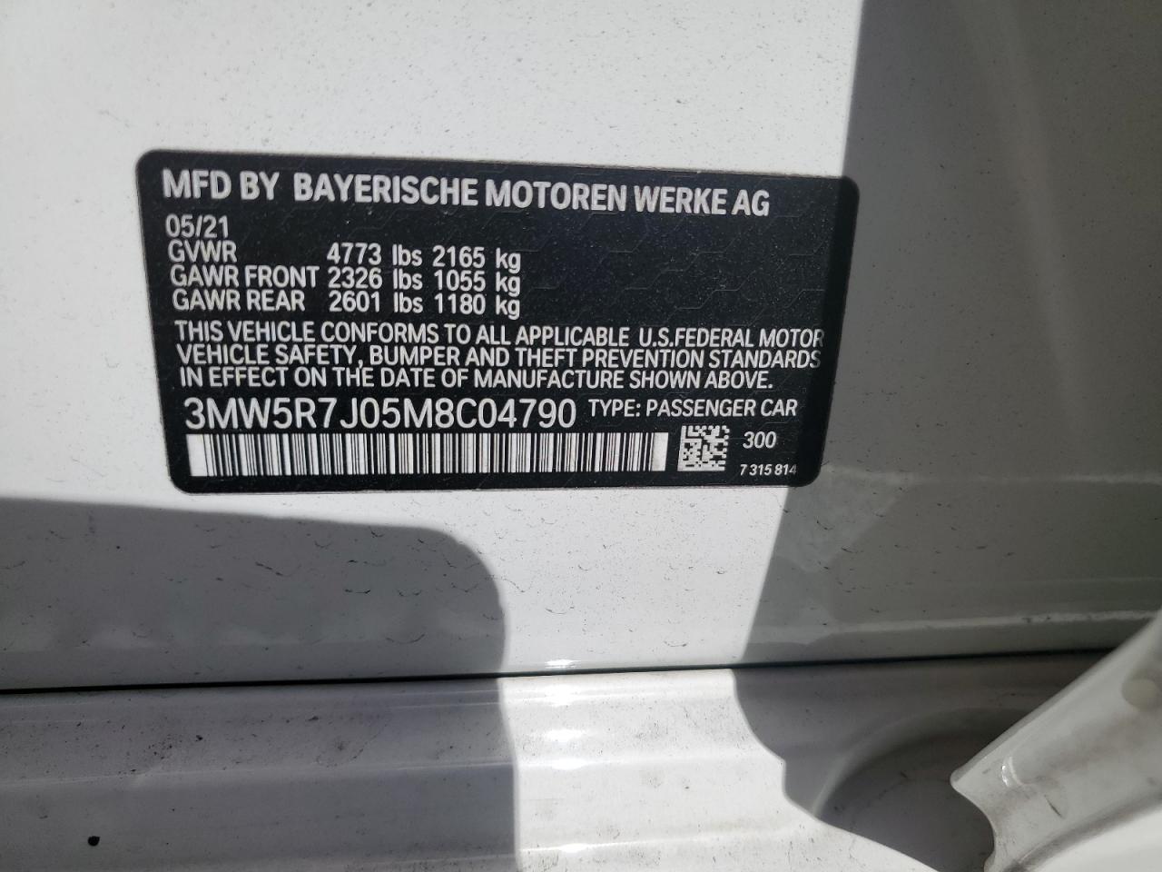 2021 BMW 330Xi VIN: 3MW5R7J05M8C04790 Lot: 70714135