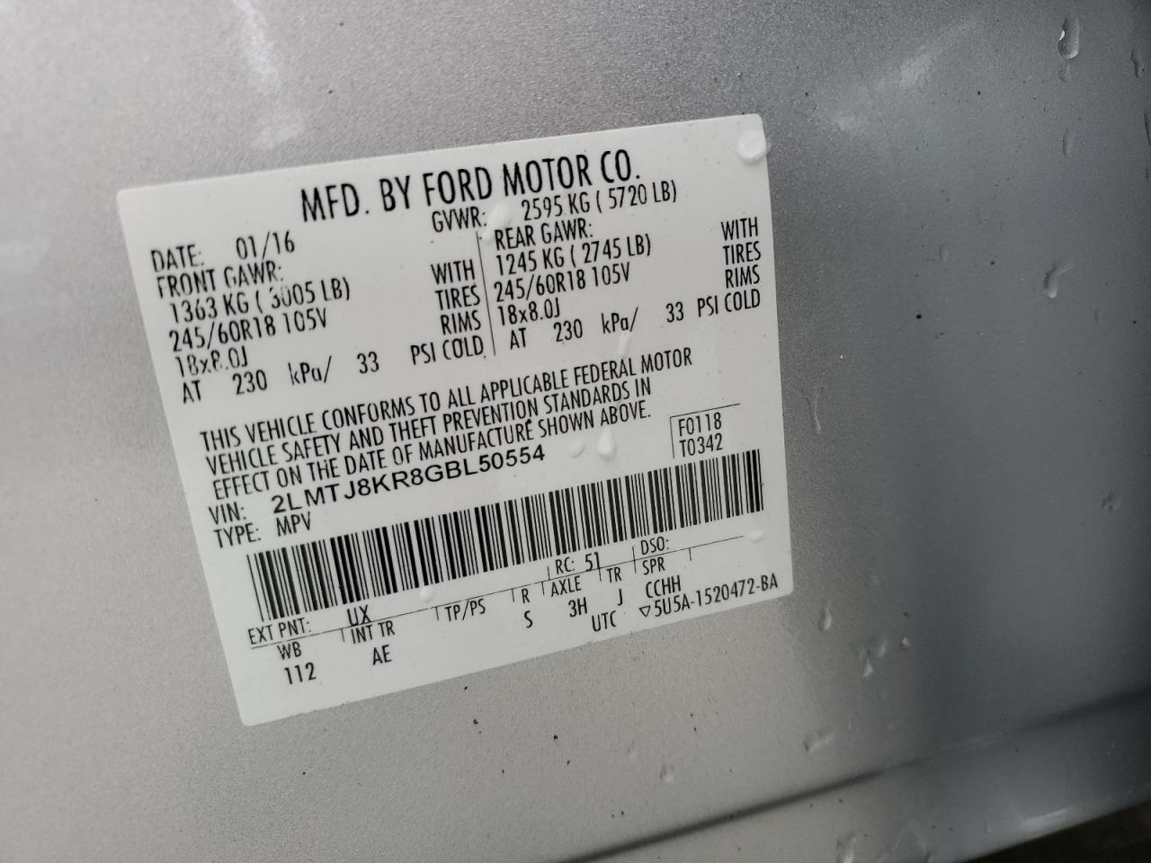 2016 Lincoln Mkx Select VIN: 2LMTJ8KR8GBL50554 Lot: 69941335