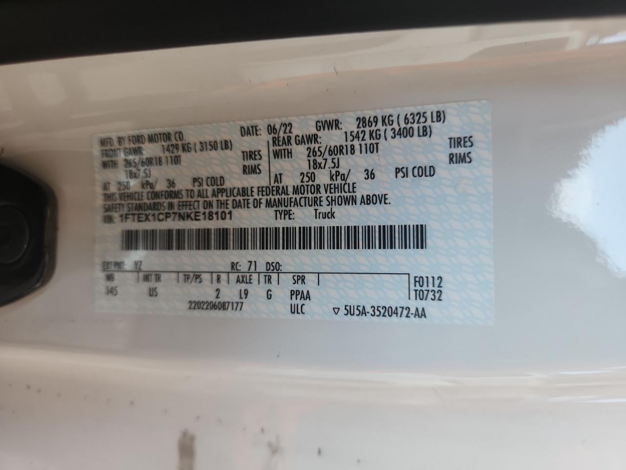 2022 Ford F150 Super Cab VIN: 1FTEX1CP7NKE18101 Lot: 70186295