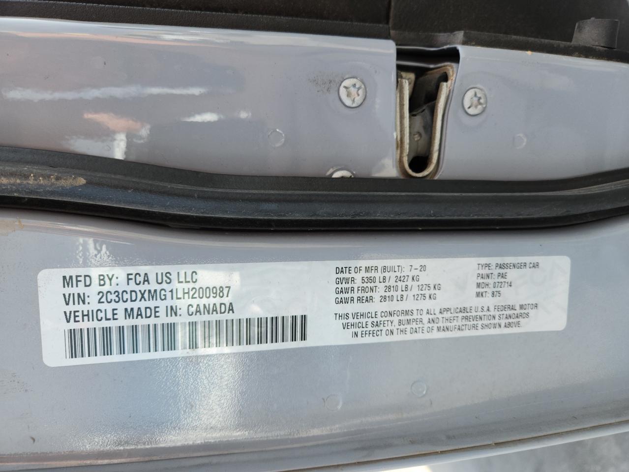 2020 Dodge Charger Gt VIN: 2C3CDXMG1LH200987 Lot: 70493435