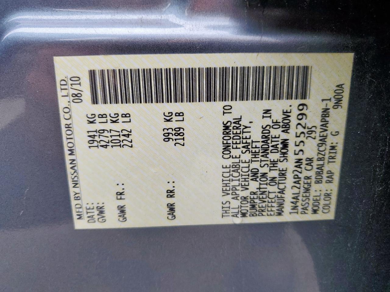 2010 Nissan Altima Base VIN: 1N4AL2AP2AN555299 Lot: 69814375